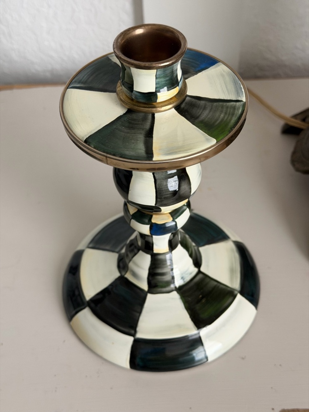 Mackenzie Childs Enamel Candlesticks Courtly Check Black and White 8 inches - Picture 4 of 6